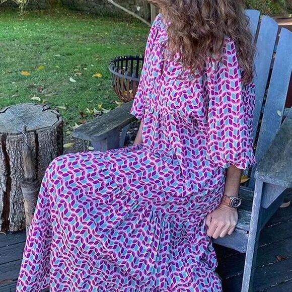 Tiered Maxi Dress Bohemian V Neck Puff Sleeve Beach Sundress - Picture 2 of 8